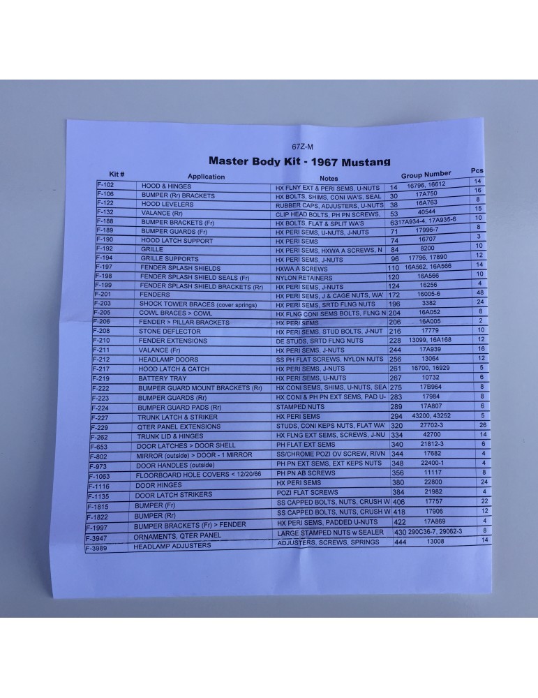 1967 Mustang Body Master Fastener Kit