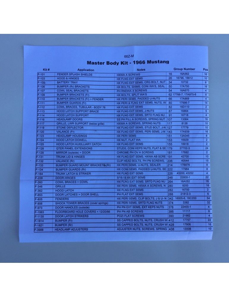 1966 Mustang Body Master Fastener Kit